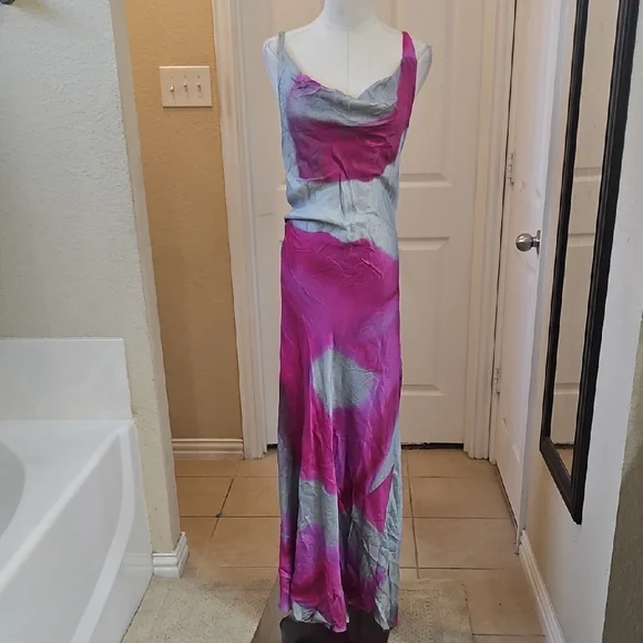 Topshop Vibrant Pink and Gray Cowl Neck Satin Maxi Dress Size 6 - Picture 4 of 11